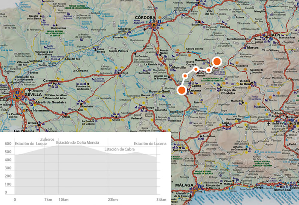Map of the self-guided tour Via Verde del Aceite