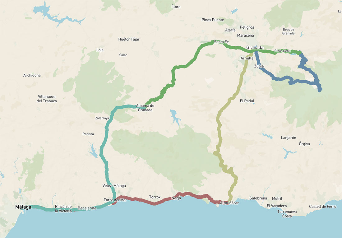 Map of the cycle route from Malaga to Sierra Nevada