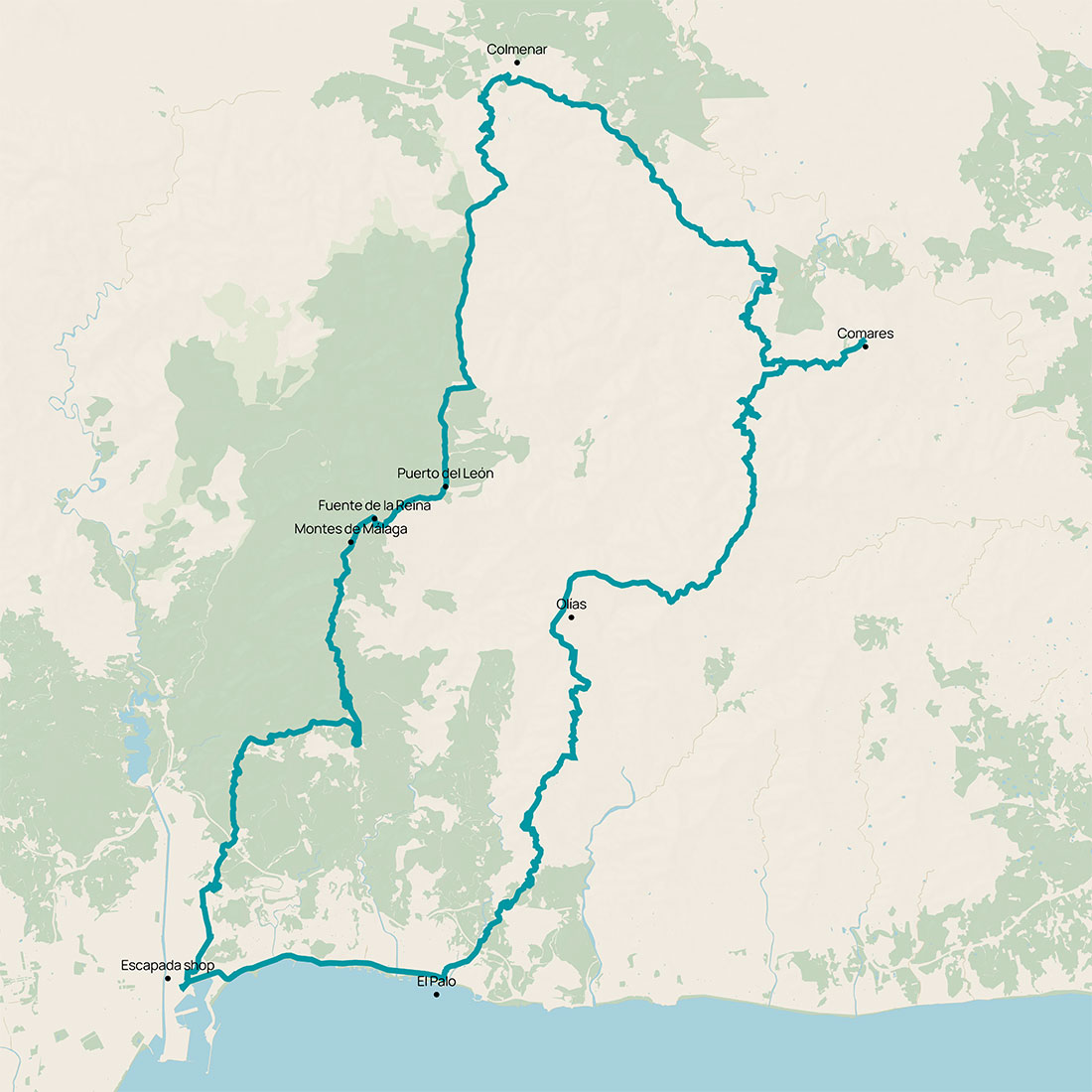Cycle travel map around Malaga to Comares