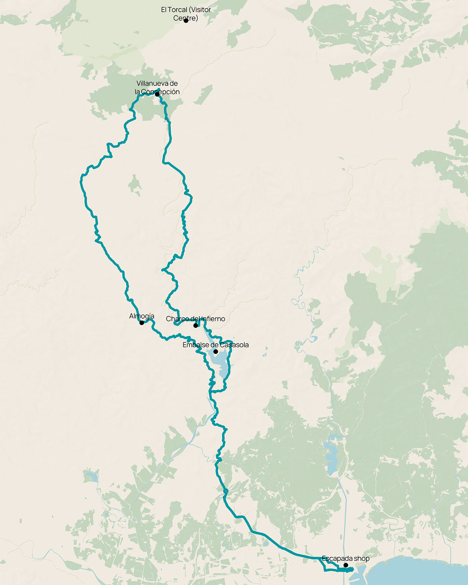 Cycle route planner map for bikepacking route from Malaga to El Torcal