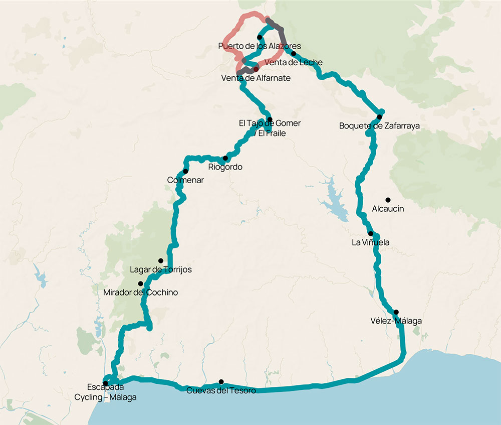 Cycling routeplanner map for a multyday bike jorney from Malaga to Riogordo